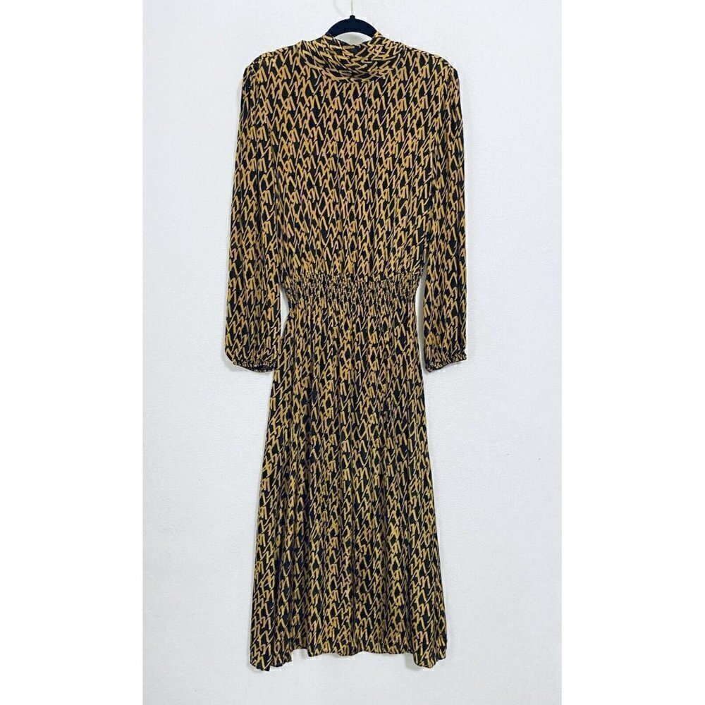 Zara Midi Dress Womens Small Tie Neck Long Sleeve Silky Smocked Waist Brown Gold